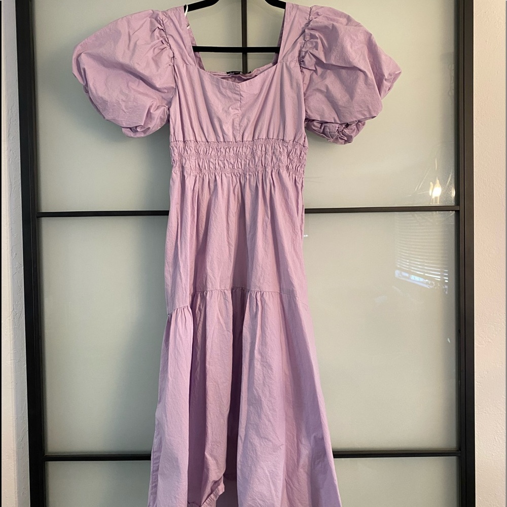 Clad and Cloth Lavender Puff Sleeve Midi Dress